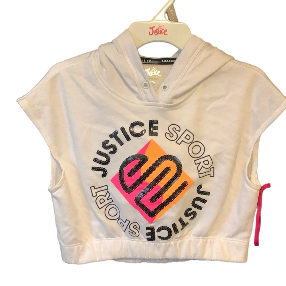 Justice Sport Girls White Short Sleeve Pullover Graphic Hoodie - NWOT